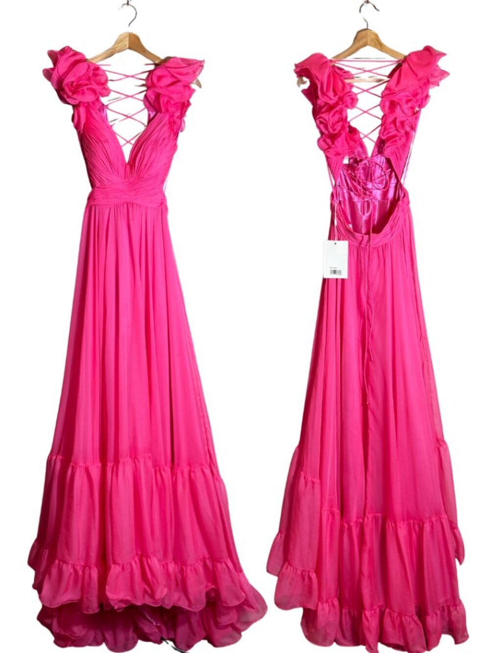 Mac Duggal Ruffle Tiered Cut-Out Chiffon Gown Womens 4 Hot Pink Formal 67911 NWT - Picture 3 of 16